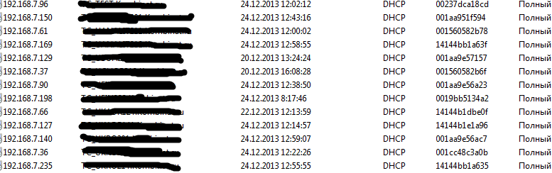 списков клиентов в dhcp